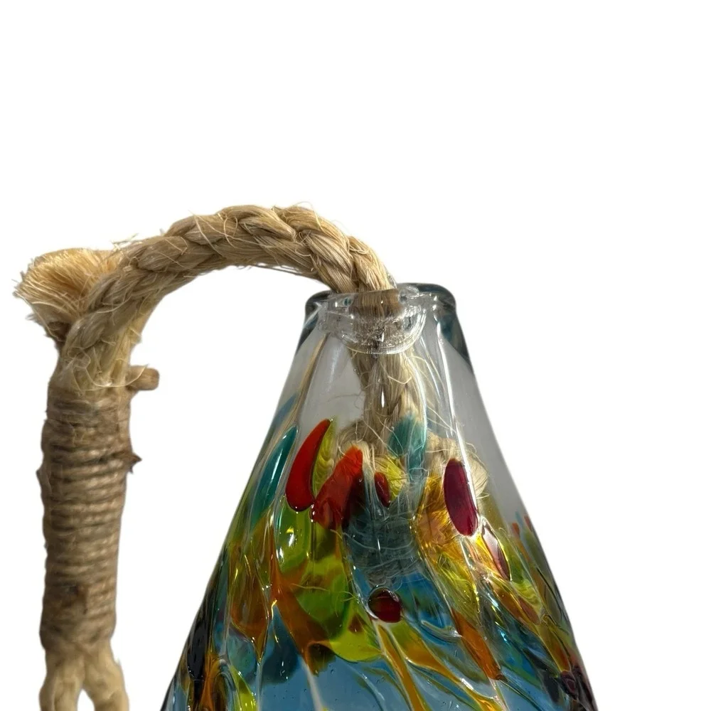 Hand Blown Art Glass Hummingbird Feeder With Rope Hanger Made In Canada